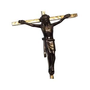 Mid Century INRI Crucifix with Bronze Jesus Christ on Hammered Brass Cross, 8"